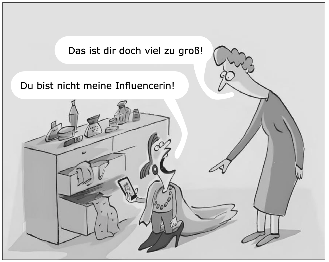 Karikatur mit zwei Frauen und einer überladenen Kommode, die eine Figur als Influencerin anspricht.